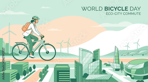 Woman commuter cycling through a green eco-city with modern buildings, wind turbines, and solar panels, representing sustainable urban transport in minimalist flat vector art.