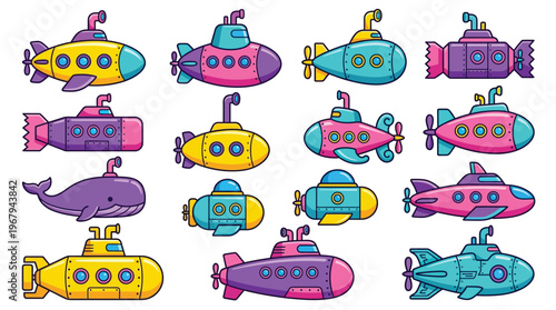 Diverse Set of Colorful Cartoon Submarine Icons for Underwater Adventure Game Design and Educational Nautical Learning Materials