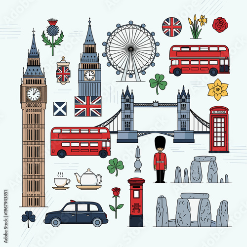 Collection of iconic British symbols and landmarks in a colorful, outlined cartoon style, representing the culture and travel destinations of the United Kingdom.
