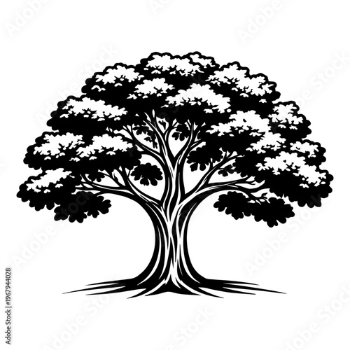 Stylized Tree Silhouette with Detailed Leaves – Black Nature Vector Illustration