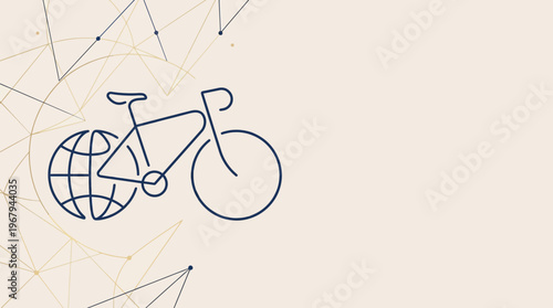 Bicycle with globe wheel, abstract line art on geometric background, representing global travel connectivity and sustainability, minimalist blue gold vector, clean concept.