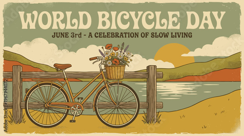Vintage bicycle with wildflowers, parked by lakeside fence at sunset, embodying slow living and nature's freedom. Retro illustration, grunge texture, earthy colors, vector, outdoor, horizontal.
