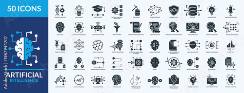 Artificial Intelligence icon set vector illustration. Containing icon of natural language processing, data mining, neural network and more. Glyph solid icon symbol collection