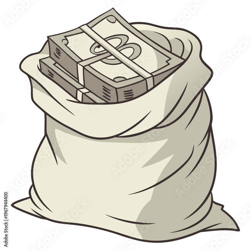 A cartoon illustration of a money bag filled with stacks of cash