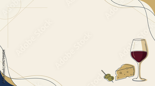 Gourmet cheese wedge, a full red wine glass, and savory olives, a classic pairing for celebration with elegant line art and warm beige tones, featuring generous copy space.