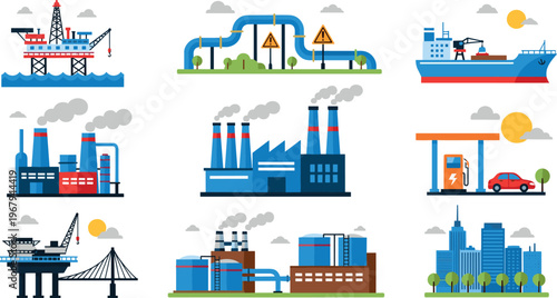 Energy industry vector illustration set with oil rig, refinery, pipelines, factory, tanker ship, gas station and urban infrastructure icons