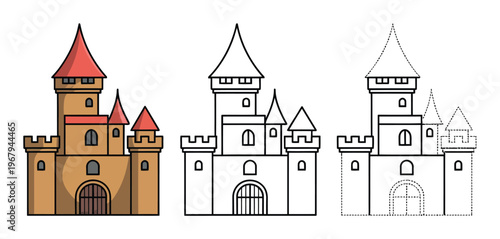 Cartoon Castles: Colored, Outline, and Dotted Line