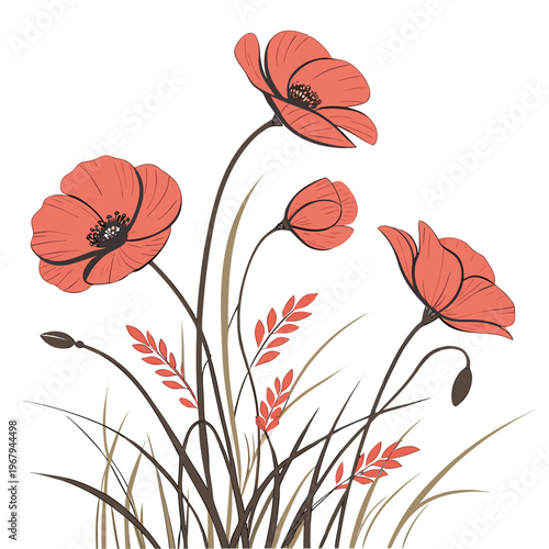 Vector illustration of red poppies with leaves