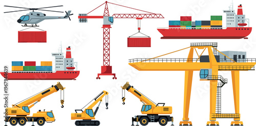 Logistics and shipping vector illustration featuring cargo ships, cranes, helicopter, containers, port operations, heavy machinery and global transportation industry system