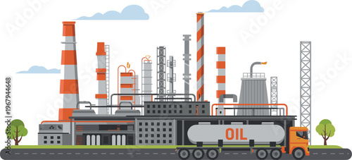 Oil refinery industrial plant vector illustration with tanker truck, factory pipelines, chimneys, petrochemical industry infrastructure, energy production and transportation system