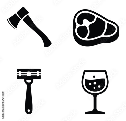 Collection of Axe, Steak, Razor, and Wine Glass