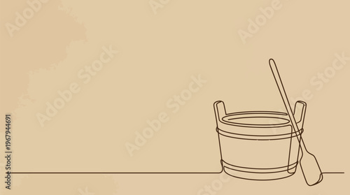 Wooden bucket and stirring paddle as a continuous line art illustration, evoking traditional cheesemaking and dairy craft on a textured sepia background with generous negative space.