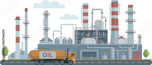 Oil refinery industrial plant vector illustration with tanker truck, pipelines, chimneys, fuel storage tanks, petrochemical processing and energy production system