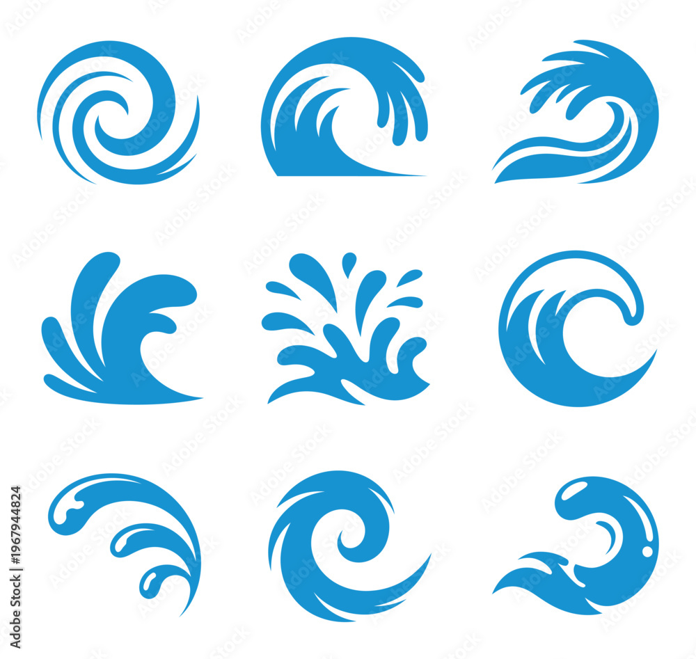 Fototapeta premium Collection of Blue Water Wave and Symbols