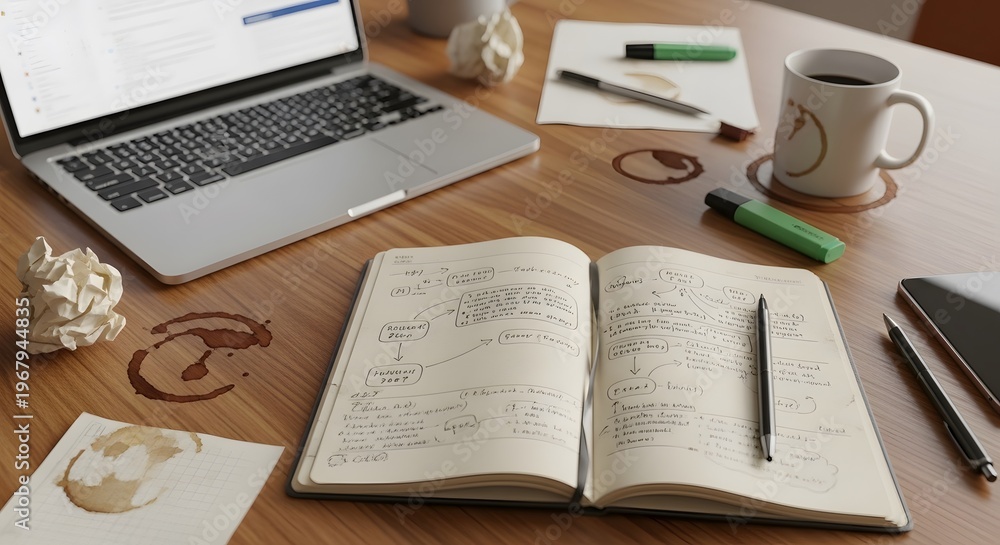Obraz premium Messy workspace with laptop open notebook and coffee stains on wooden desk.