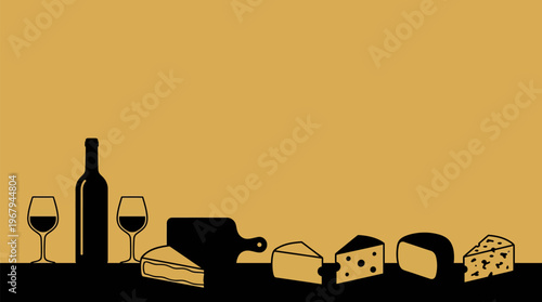 Diverse cheeses, wine with glasses, cutting board. Gourmet pairing, festive celebration. Minimalist flat vector, black on golden. Bottom composition, copy space.