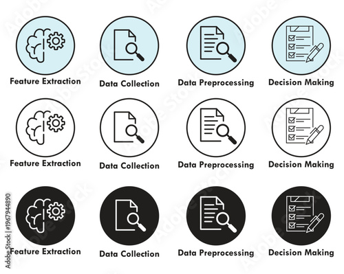 Φωτογραφία Stages of machine learning workflow depicted in three color variations Vector, i