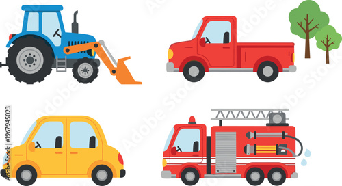 Vehicle vector illustration set featuring tractor, pickup truck, car, fire engine, loader, transport vehicles, emergency services and rural equipment design