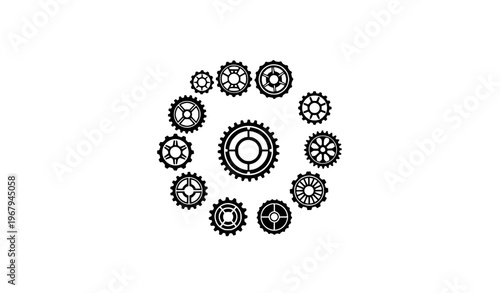 Gear icon vector set in circular layout black silhouette cog logos for technology engineering and automation design