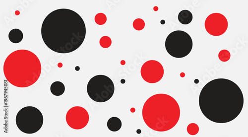 Abstract vector background with random black and red polka dots on a light gray backdrop.