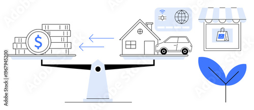 Financial decisions, investment, real estate, money management, balance scales, economic growth. Scales balancing money, house and car with a market backdrop. Financial decisions and investment