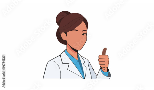 Smiling pharmacist thumbs up white coat vector illustration