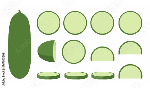 Cucumber vector set whole and sliced fresh vegetable icons