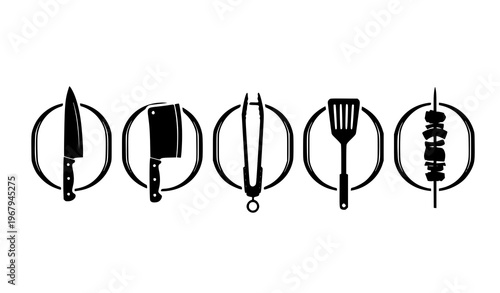 Framed butcher and barbecue icons silhouette vector set
