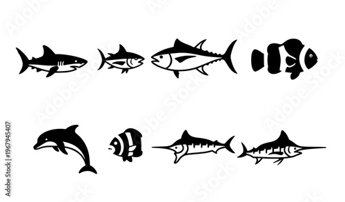 Ocean animal icons collection solid glyph vector set