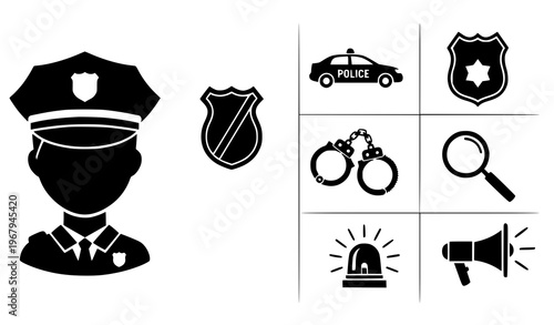 Police investigation icons collection silhouette law vector