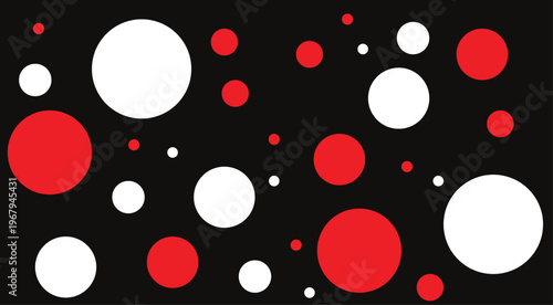 Red and white circles on black background, modern abstract geometric pattern.