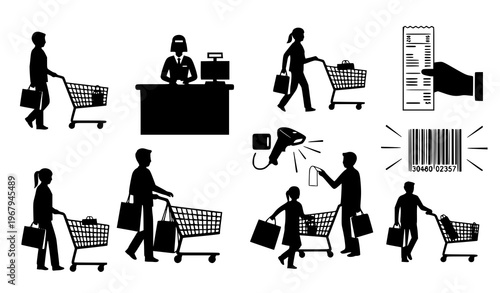 Shopping and retail silhouette icon set cashier bag vector
