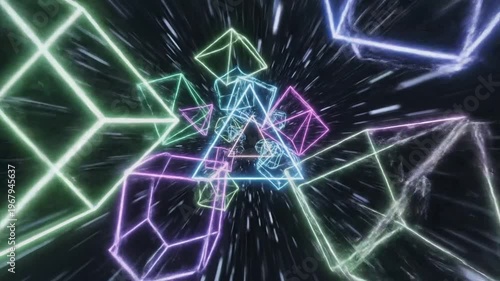 Abstract glowing geometric shapes and lines moving through a dark tunnel with light streaks.
