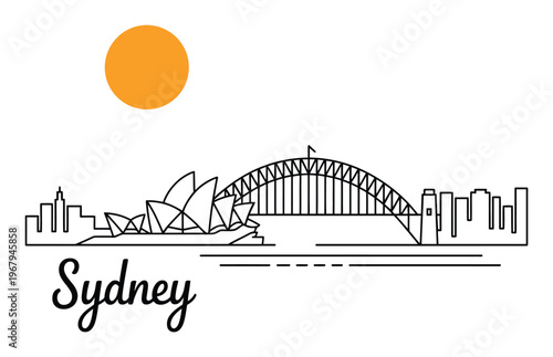 Minimalist Line Skyline of Sydney with Opera House, Harbour Bridge, and Sun