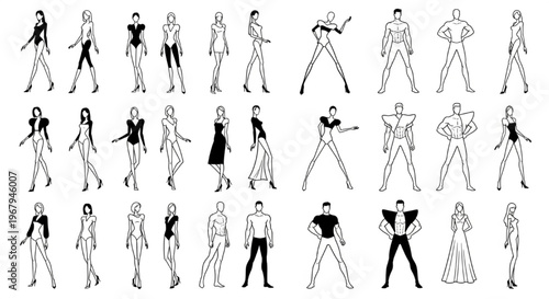 Fashion Croquis Template Vector Female Male Outline Figure Body Design Illustration Set