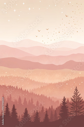 Stylized forest landscape with stars in warm pastel colors