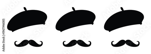 Three Black Silhouettes of Berets and Mustaches on a White Background