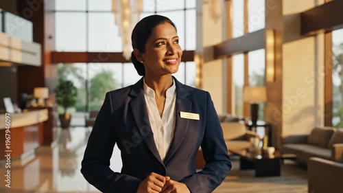 Smiling hotel receptionist welcoming guests in luxurious lobby