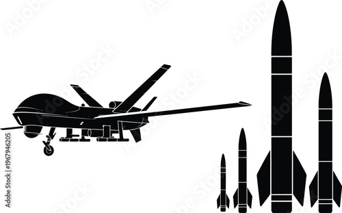 Military drone UAV and missile silhouette set, black vector illustration of unmanned aerial vehicles with missiles and combat equipment for defense and aerospace graphics.