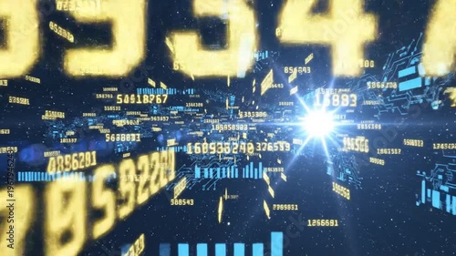Abstract digital data stream with glowing numbers and circuits