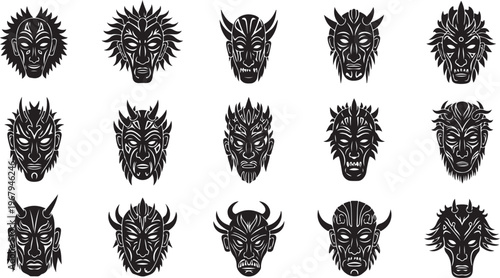 Collection of various monster and animal face illustrations in black