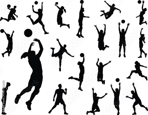 Basketball player silhouette collection with jumping, shooting and dunking poses, dynamic sports action vector set isolated on white background