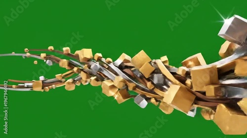 Abstract futuristic 3D object with metallic and golden cubes on green screen