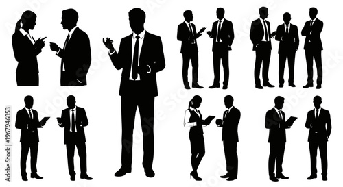 Diverse group of business professionals in silhouette, engaged in conversation and collaboration.