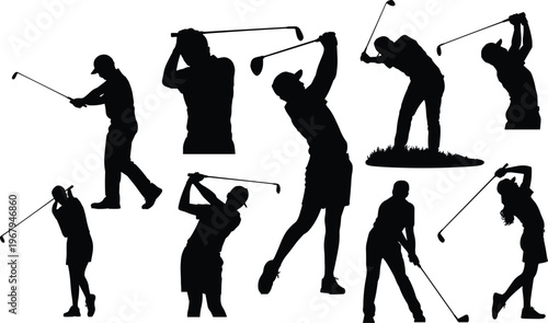 Golf player silhouettes set, professional golfer swinging club vector illustration, sports activity collection, isolated black figures, golfing poses on white background