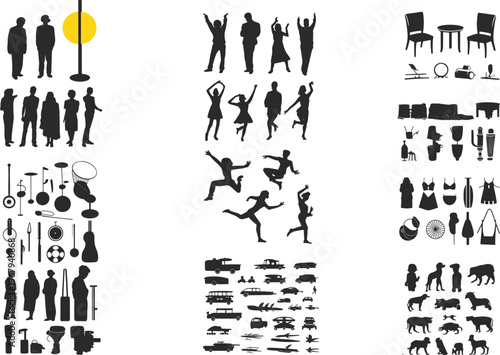 Large collection of vector silhouette icons including people, dancing figures, musical instruments, furniture, vehicles and animals isolated on white background
