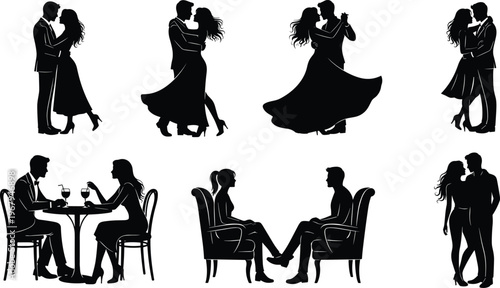 romantic couple silhouettes set, dancing dating dinner scenes, love relationship concept, elegant people poses, wedding style, romance lifestyle illustration