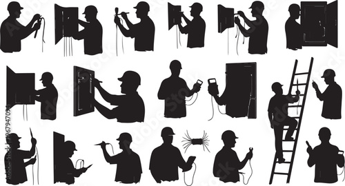 Silhouette of a man working on various tasks alone