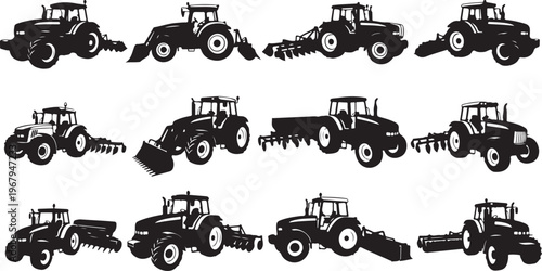 Tractor Silhouettes with Various Agricultural Equipment Attachments Displayed