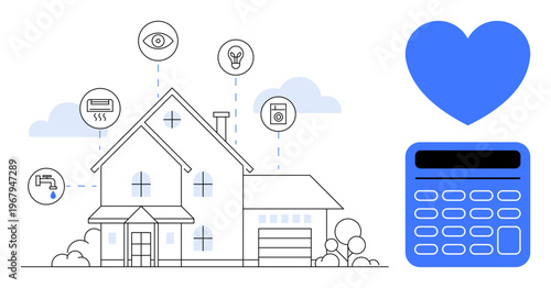 Smart home technology, energy efficiency, cost calculation, home automation, IoT solutions, sustainability. House with utility and smart controls heart and calculator. Smart home technology